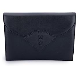 Yves Saint Laurent-Vintage Black Leather YSL Logo Flap Clutch Bag-Black