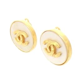 Chanel-Chanel Gold and White Clip Earrings-White,Golden
