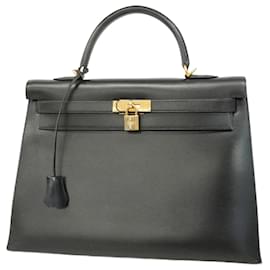 Hermès-Sac à main Hermes Kelly 35 en cuir de veau noir box-Noir