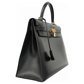 Hermès-Sac à main Hermes Kelly 35 en cuir de veau noir box-Noir
