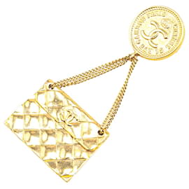 Chanel-Chanel Gold Gold Plated CC Quilted Flap Bag Brooch-Golden