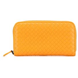 Bottega Veneta-Bottega Veneta Orange Leather Intrecciato Zip Around Wallet-Orange