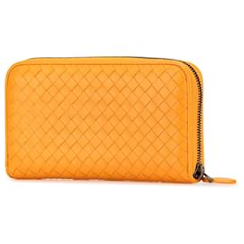 Bottega Veneta-Bottega Veneta Orange Leather Intrecciato Zip Around Wallet-Orange