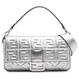 Fendi-Fendi Silver Large Zucca Embossed Baguette Satchel-Silvery