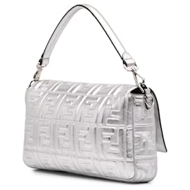 Fendi-Fendi Silver Large Zucca Embossed Baguette Satchel-Silvery