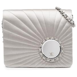 Chanel-Chanel Silver Satin Embellished Mirror Flap with Chain-Silvery
