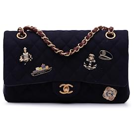 Chanel-Chanel Blue Medium Classic Wool Paris-Hamburg Charms Double Flap-Blue,Dark blue