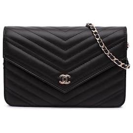 Chanel-Chanel Black Goatskin Chevron Statement Wallet On Chain-Black