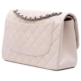 Chanel-Chanel White Jumbo Classic Lambskin Double Flap-White,Cream