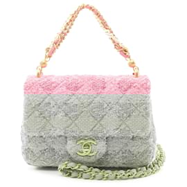Chanel-Chanel Pink Mini Square Quilted Woven Tweed Pearl Twist Flap-Pink