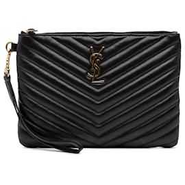 Saint Laurent-Saint Laurent Black Matelasse Chevron Leather Monogram Zip A5 Wristlet Pouch-Black