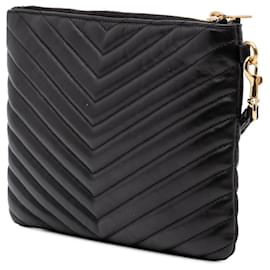 Saint Laurent-Saint Laurent Black Matelasse Chevron Leather Monogram Zip A5 Wristlet Pouch-Black