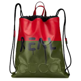 Gucci-Gucci Red Leather Gucci Ghost Drawstring Backpack-Red