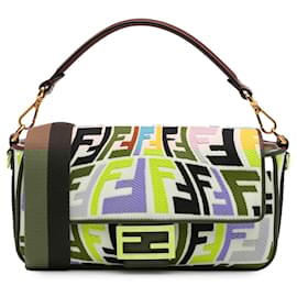 Fendi-Fendi Brown Sarah Coleman Zucca Embroidered Canvas Fish Eye Vertigo Baguette Satchel-Brown,Beige
