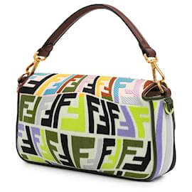 Fendi-Fendi Brown Sarah Coleman Zucca Embroidered Canvas Fish Eye Vertigo Baguette Satchel-Brown,Beige
