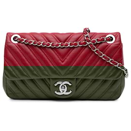 Chanel-Chanel Red Medium Double Stitch Chevron Lambskin Single Flap-Red