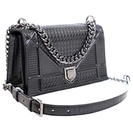 Dior-Dior Gray Small Metallic Patent Microcannage Diorama Flap-Brown,Dark grey