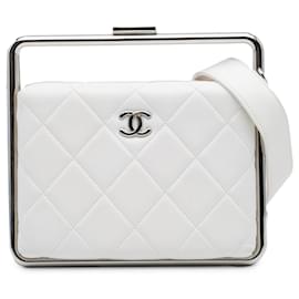 Chanel-Chanel White Quilted Lambskin Metal Bar Convertible Clutch-White,Cream