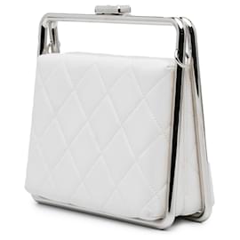 Chanel-Chanel White Quilted Lambskin Metal Bar Convertible Clutch-White,Cream