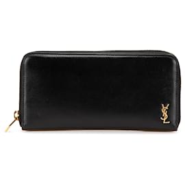 Saint Laurent-Saint Laurent Black Leather Tiny Cassandre Zip Around Long Wallet-Black