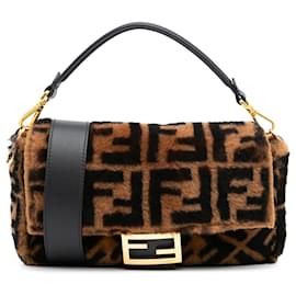 Fendi-Fendi Brown Medium Zucca Shearling Baguette Satchel-Brown