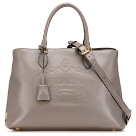 Prada-Prada Brown Medium Embossed Glace Calf Logo Convertible Tote-Brown,Taupe