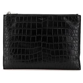 Saint Laurent-Saint Laurent Black Croc Embossed Leather Clutch-Black