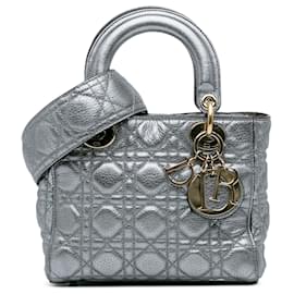 Dior-Dior Silver Small Metallic Grained Calfskin Cannage Supple Lady Dior-Silvery