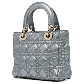 Dior-Dior Silver Small Metallic Grained Calfskin Cannage Supple Lady Dior-Silvery