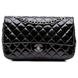 Chanel-Chanel Black Medium Classic Patent Double Flap-Black