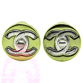 Chanel-Chanel Gold Gold Plated CC Turnlock Round Clip On Earrings-Silvery,Golden