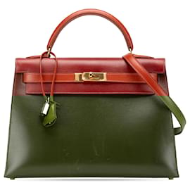 Hermès-Hermès Sac Kelly Sellier 32 en box calf tricolore marron-Autre,Bordeaux