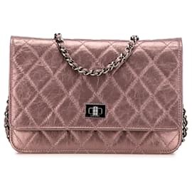 Chanel-Chanel Pink Reissue 2.55 Quilted Metallic Aged Calfskin Wallet on Chain-Pink,Golden