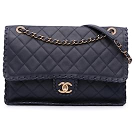 Chanel-Chanel Blue Jumbo Quilted Calfskin Happy Stitch Flap-Blue,Navy blue