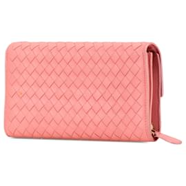 Bottega Veneta-Bottega Veneta Pink Leather Intrecciato Long Wallet-Pink