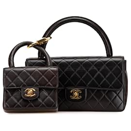 Chanel-Chanel Black Lambskin Parent Child Kelly Set Top Handle Bag-Black