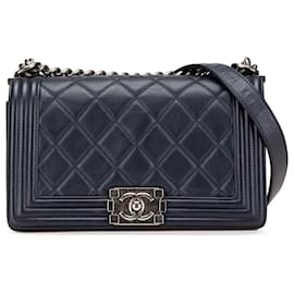 Chanel-Chanel Blue Old Medium Quilted Calfskin Boy Flap-Blue,Dark blue