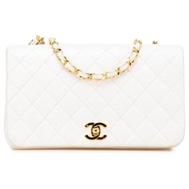 Chanel-Chanel White Small CC Quilted Lambskin Full Single Flap-White,Cream