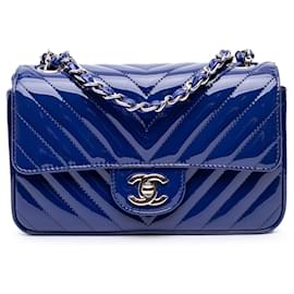 Chanel-Chanel Blue Mini Rectangular Classic Chevron Patent Single Flap-Blue