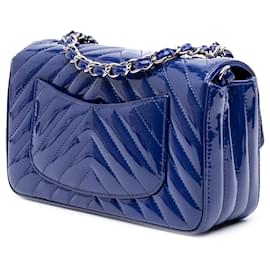 Chanel-Chanel Blue Mini Rectangular Classic Chevron Patent Single Flap-Blue