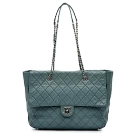 Chanel-Chanel Blue Large CC Quilted Washed Lambskin Front Flap Tote-Blue,Other