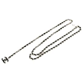 Chanel-Chanel Silver Silver CC Leather Woven Chain Belt-Black,Silvery