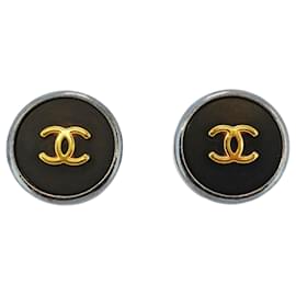 Chanel-Chanel Coco Mark Circle Clip Earrings-Brown,Black,Golden