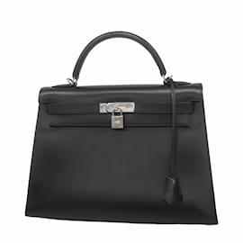 Hermès-Sac à main Hermes Kelly 32 en cuir de veau noir-Noir