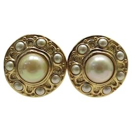 Christian Dior-VINTAGE LARGE CLIP-ON EARRINGS CHRISTIAN DIOR PEARLS-Golden