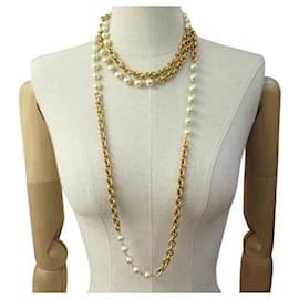 Chanel-VINTAGE CHANEL NECKLACE SAUTOIR PEARLS 90CM GOLD METAL 1990 1991-Golden