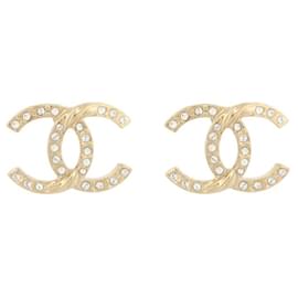 Chanel-NINE CHANEL CC LOGO STRASS GOLD METAL EARRINGS NEW-Golden