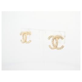 Chanel-NINE CHANEL CC LOGO STRASS GOLD METAL EARRINGS NEW-Golden