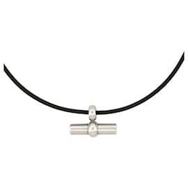 Hermès-NINE HERMES MAMBO PALLADIUM STEEL NECKLACE ON FABRIC CORD 46CM + BOX NECKLACE-Black