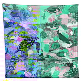 Hermès-NINE RARE HERMES SCARF UNDER THE WAVES ALICE SHIRLEY BLUE SILK BOX NEW SCARF-Blue